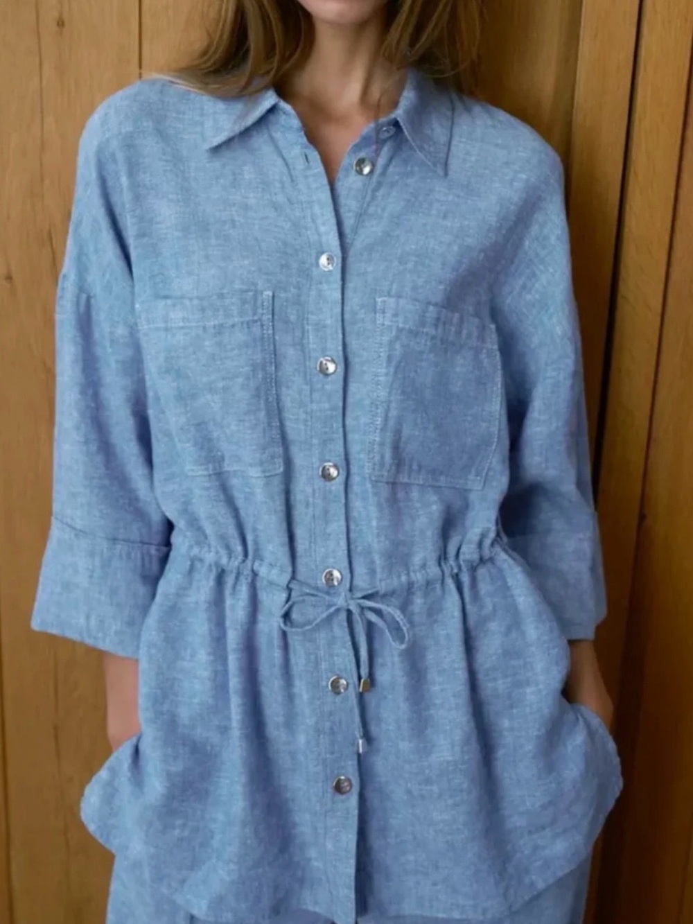 Zara Light Blue Drawstring Shirt Dress